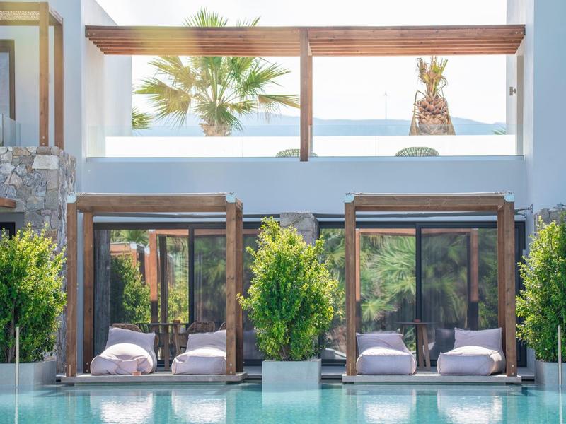 Cabana's bij het zwembad met ligstoelen en groen, met uitzicht op de oceaan en palmbomen.