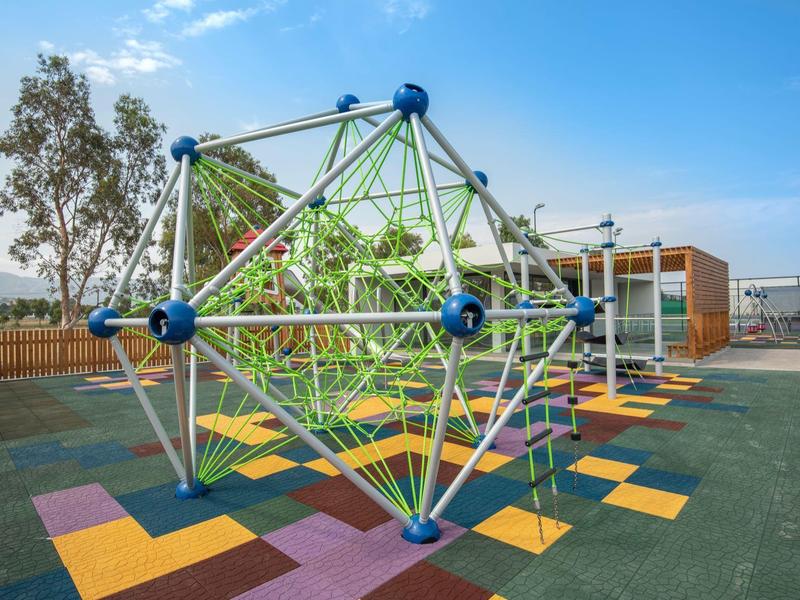 Kleurrijke klimconstructie op een speeltuin met bomen en gebouwen op de achtergrond.