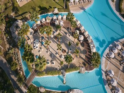 Aerial view of a pool with sun loungers and palm trees on an island in the water.