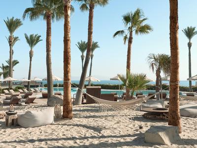 Beach with palm trees, lounge chairs, and umbrellas by the sea under clear sky.