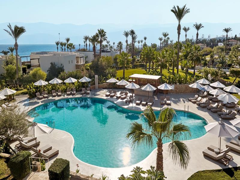 Beautiful hotel pool with sun loungers and palm trees, sea visible in the background.