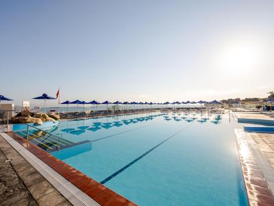 Großer Hotelpool mit Liegestühlen und Sonnenschirmen bei klarem Himmel
