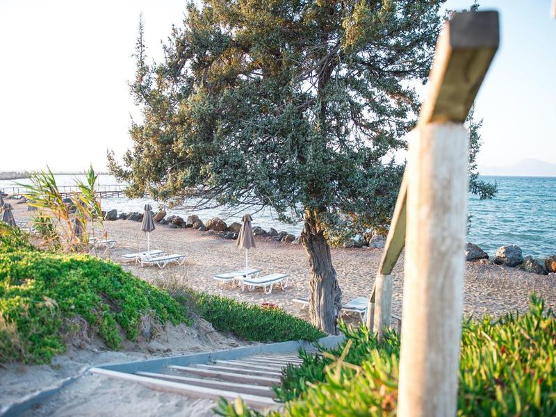 Treppenweg führt zu einem Strand mit Kies und Bäumen am Meer.