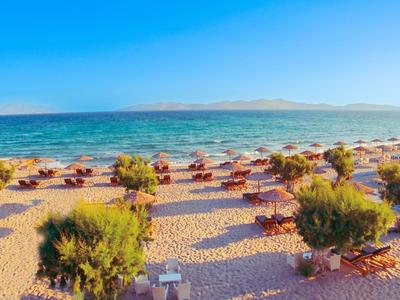 Feiner Sandstrand mit Sonnenschirmen, Liegestühlen und klarem blauem Meer am Horizont.