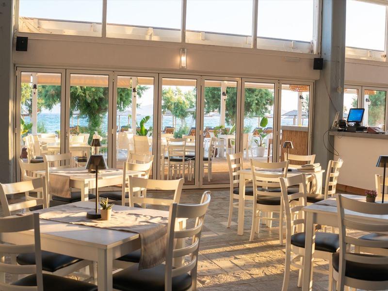 Heller, moderner Speisesaal mit Holztischen und Stühlen, großen Fenstern und Blick ins Freie.