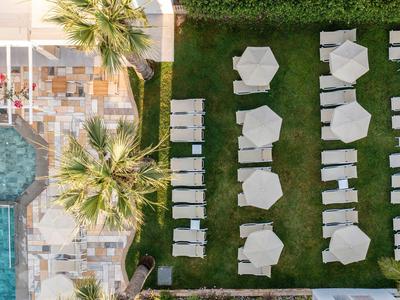 Vista aerea di un giardino dell'hotel con ombrelloni, lettini e piscina.