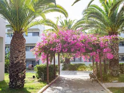 Pathway under a blooming bougainvillea arch between palm trees at a hotel building.
