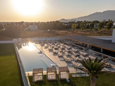 Modern hotel pool area at sunset with lounge chairs and palm trees.