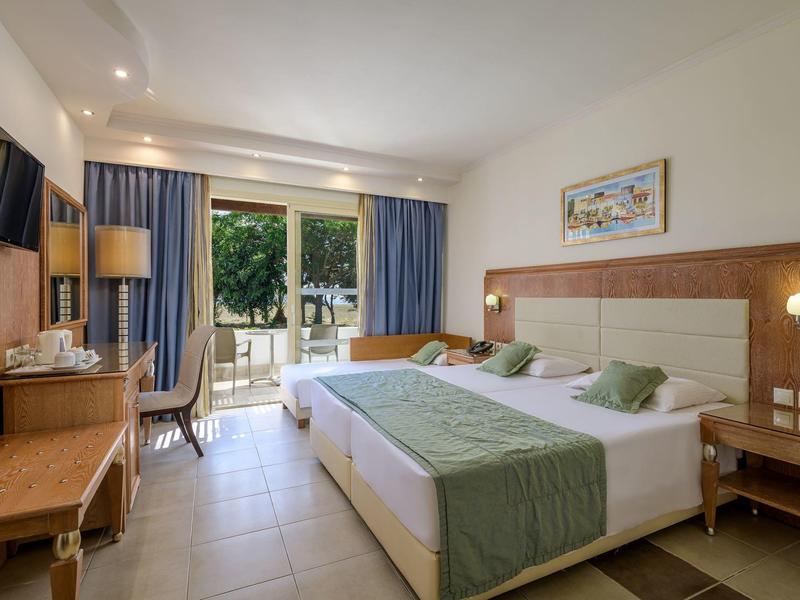 Habitación de hotel luminosa con cama doble, escritorio, balcón y vista al jardín.