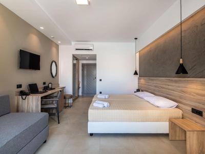 Camera d'hotel moderna con letto matrimoniale, scrivania, divano e TV a parete.