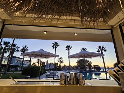 Vista da un bar aperto sulla piscina e palme al tramonto.