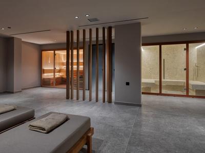 Modern wellness room with loungers, wooden accents, and large window.