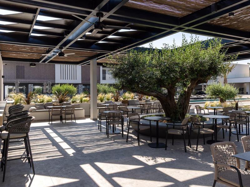 Covered terrace with garden furniture and a large tree in the center of a hotel courtyard.