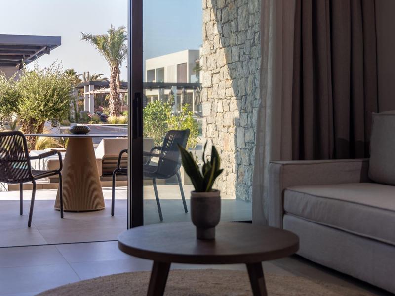 Modern interior with sofa and table, view of terrace with chairs and plants.