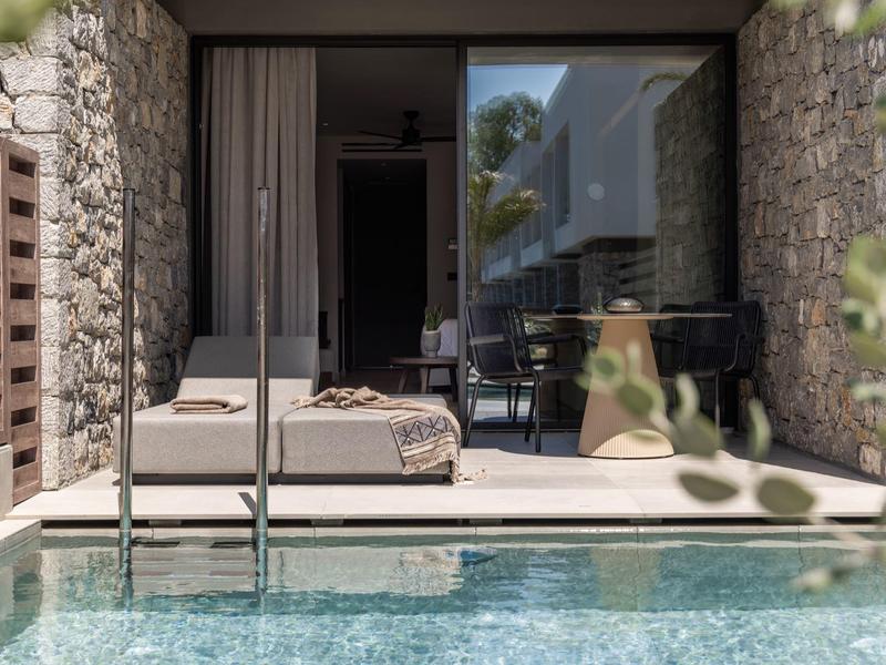 Modern outdoor area with pool, lounge chair, and glass facade leading to stone-walled interior.