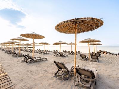 Reihe von Strohmusterschirmen und Sonnenliegen am ruhigen Sandstrand bei klarem Himmel.
