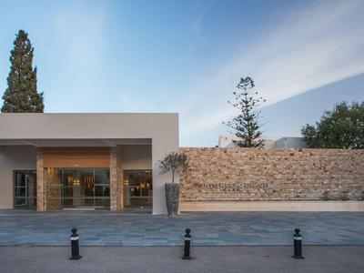 Nowoczesne wejście do hotelu z prostymi liniami, dużymi donicami i kamiennym murem na zewnątrz