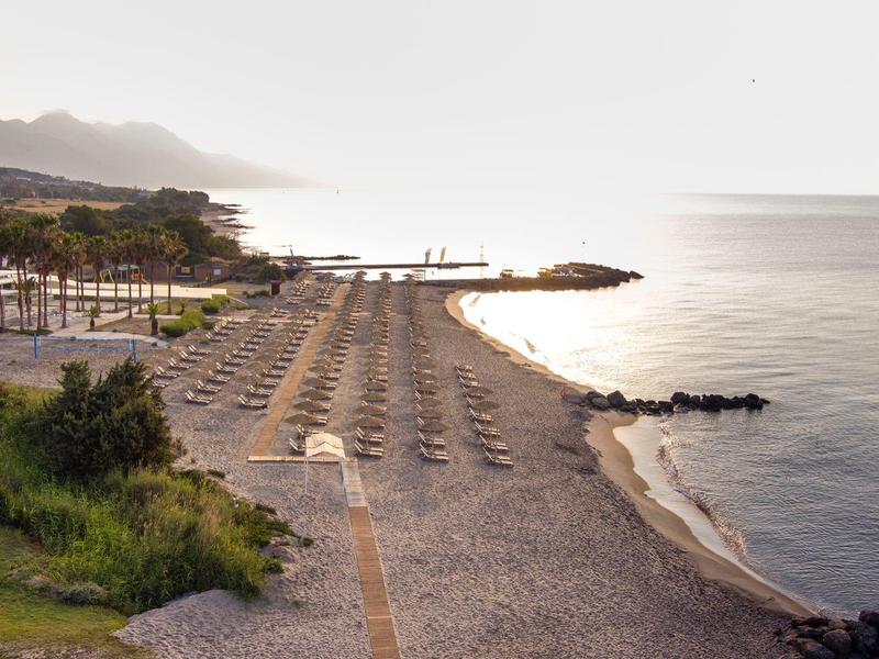 Pusta piaszczysta plaża z parasolami przy spokojnym morzu i kilkoma budynkami w tle.