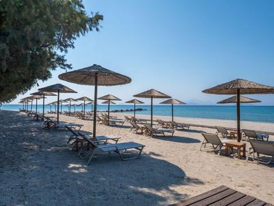 Ruhezone mit Liegestühlen und Schirmen am Strand eines Hotels bei klarem Himmel.