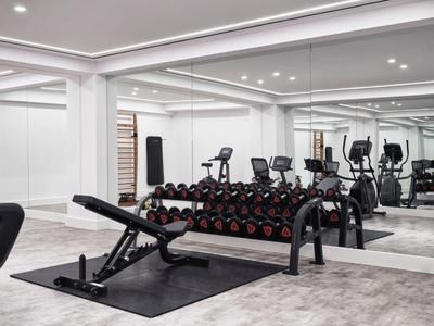 Moderner Fitnessraum mit Hanteln, Trainingsbank und Cardiogeräten vor Spiegelwand.