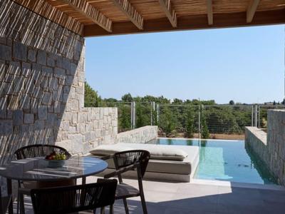 Überdachte Terrasse mit modernen Möbeln und Blick auf einen Pool und Natur.