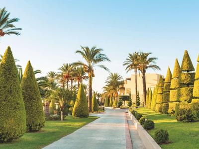 Geordneter Gartenweg mit kegel- und säulenförmigen Bäumen und Palmen unter blauem Himmel.