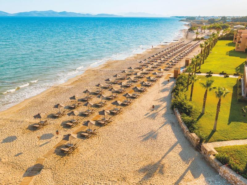 Spiaggia con file di ombrelloni e lettini accanto a giardino verde e mare