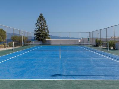Blue tennis court with net and fences, trees and mountains in the background.