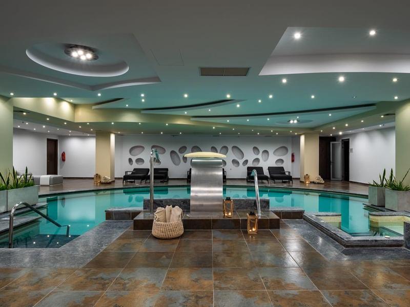 Ampia area piscina interna con zone salotto, rivestimenti in legno e illuminazione moderna in hotel.