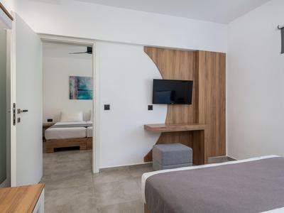 Camera d'hotel moderna con copriletto grigio, pannello in legno con TV e vista sulla camera da letto.