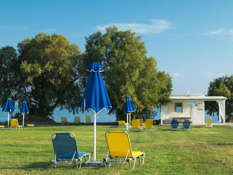 Grüne Wiese mit Sonnenliegen und blauen Sonnenschirmen vor Bäumen und See bei klarem Himmel.