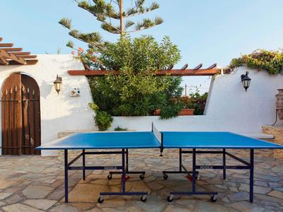 Tavolo da ping pong blu in un cortile lastricato con pareti bianche e piante.