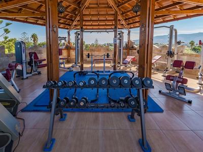 Palestra all'aperto coperta con pesi e attrezzature da allenamento con vista sulla natura.