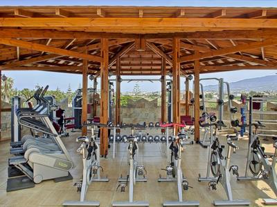 Offenes Fitnessstudio mit Holzdecke und Trainingsgeräten vor Landschaft.