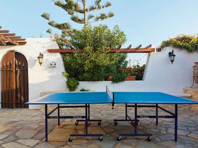 Ein blauer Tischtennistisch steht auf einer Steinplattform neben einer weißen Wand mit Tür und Pflanzen.
