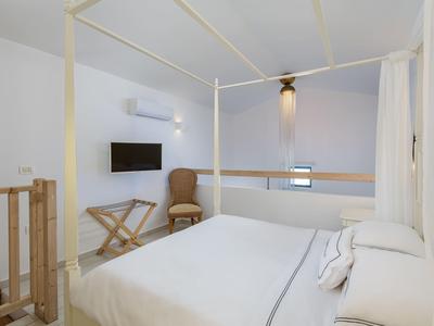 Bright bedroom with canopy bed, TV, and modern minimalist design.