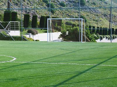Grüner Fußballplatz mit Tor, Umzäunung und Hügeln im Hintergrund bei Sonnenschein.