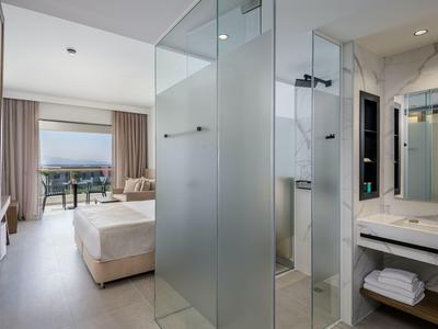 Modernes Hotelzimmer mit Doppelbett, Glasdusche, großem Fenster und modernem Badbereich.