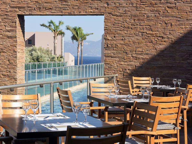 Area esterna del ristorante con tavoli e sedie in legno, vista su palme e mare.