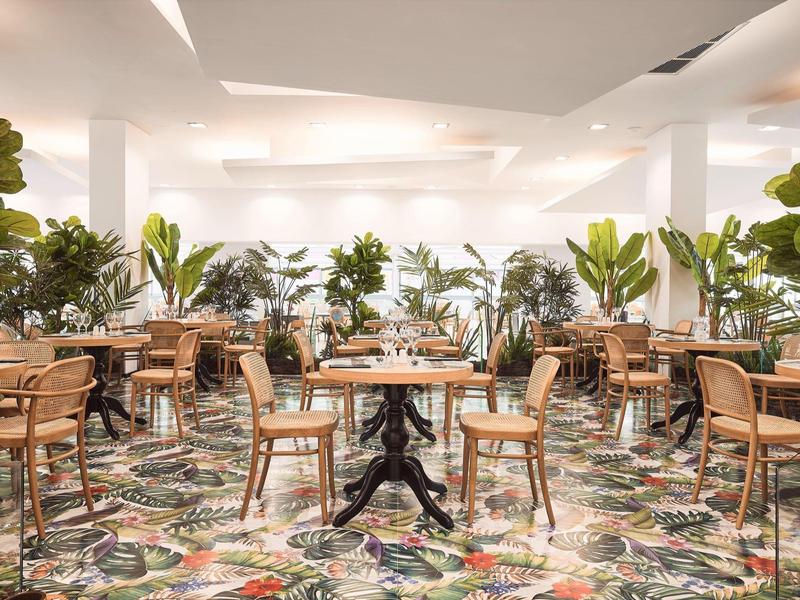 Ristorante luminoso con sedie in legno, piastrelle floreali e molte piante verdi.