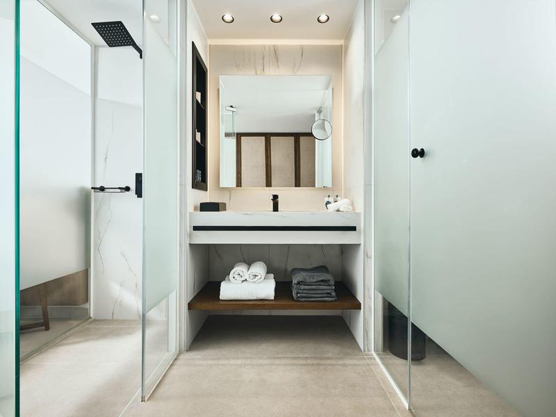 Area bagno moderna dell'hotel con lavandino, specchio e porte in vetro smerigliato.