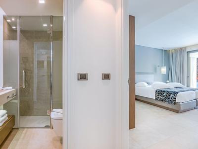 Moderner Hotelzimmerbereich mit Bett, Badezimmer und begehbarer Dusche.