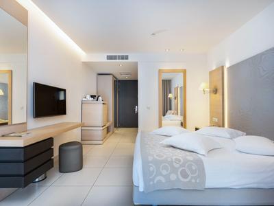 Modern hotel room with double bed, TV, mirrors, and simple decor.