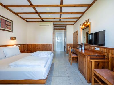 Chambre d'hôtel lumineuse avec lit double, lambris en bois et bureau avec télévision.