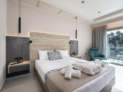 Chambre d'hôtel moderne avec lit double, balcon et vue paisible.