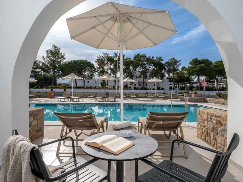Espace piscine avec chaises longues et parasol, vue à travers une arche sur l'eau claire.