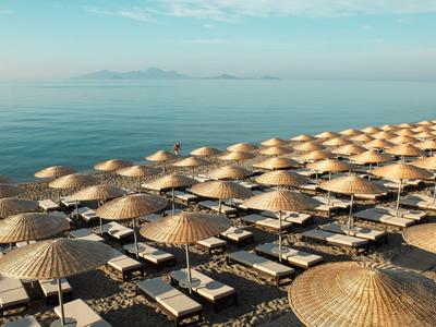 Plage avec de nombreux parasols en paille et transats au bord de la mer calme sous un ciel dégagé.