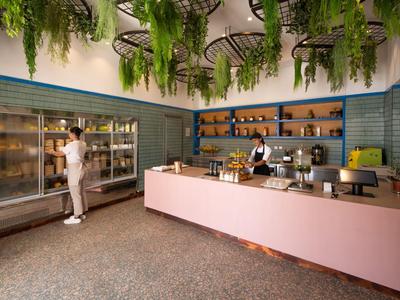 Café moderne avec comptoir rose, lustres et plantes vertes suspendues au plafond