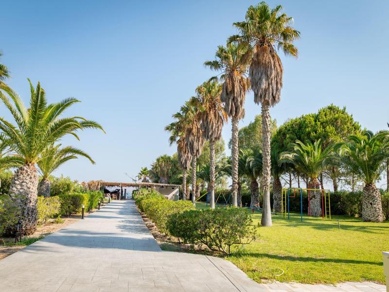 Wybrukowana ścieżka wzdłuż palm i zielonych trawników pod jasnym, błękitnym niebem.