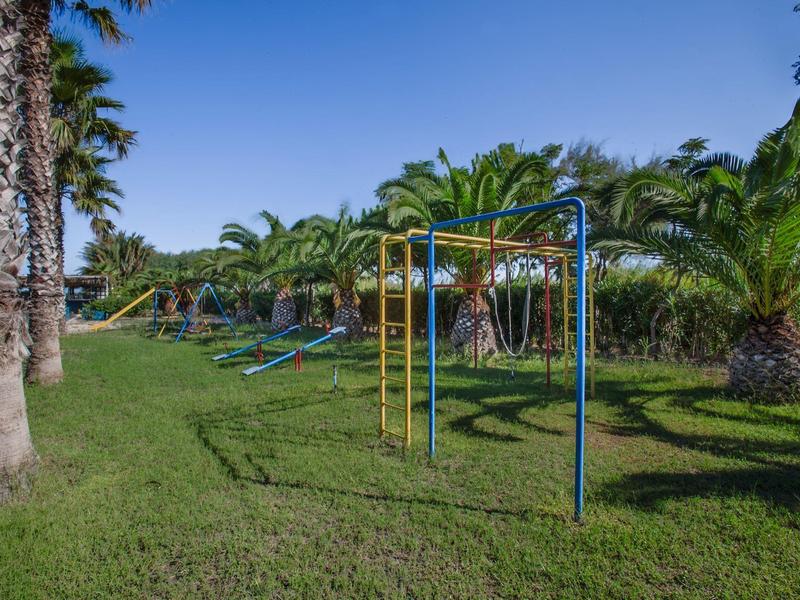 Plac zabaw z huśtawkami i drabinką otoczony palmami na zielonej trawie pod niebieskim niebem.